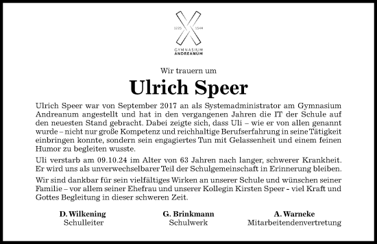 Traueranzeige von Ulrich Speer von Hildesheimer Allgemeine Zeitung