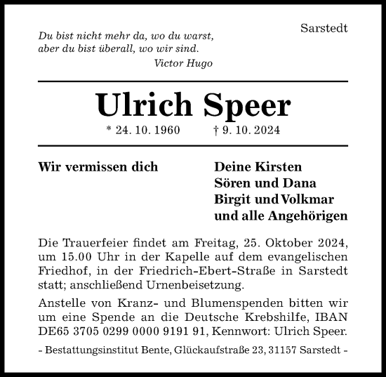 Traueranzeige von Ulrich Speer von Hildesheimer Allgemeine Zeitung