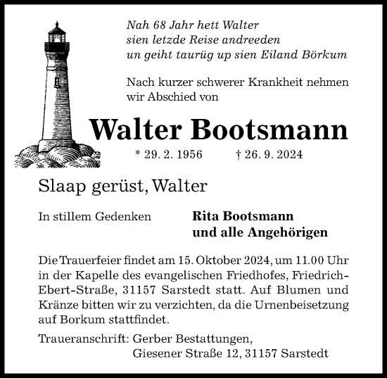 Traueranzeige von Walter Bootsmann von Hildesheimer Allgemeine Zeitung