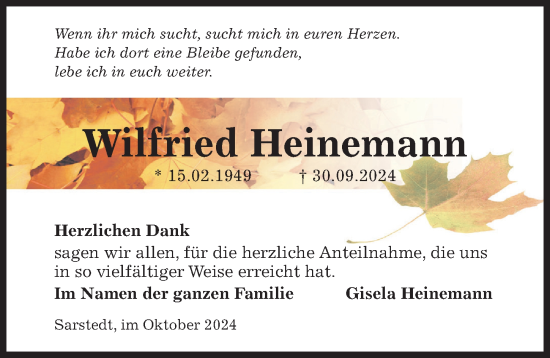 Traueranzeige von Wilfried Heinemann von Hildesheimer Allgemeine Zeitung