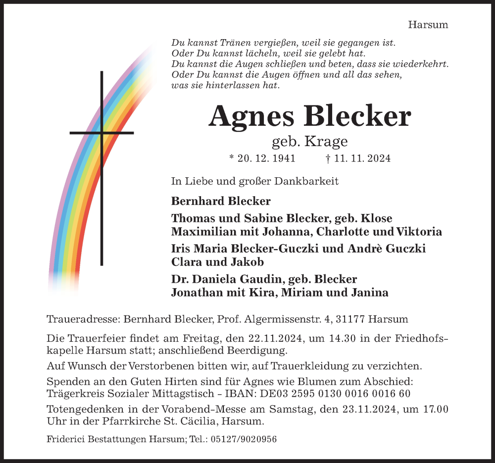  Traueranzeige für Agnes Blecker vom 16.11.2024 aus Hildesheimer Allgemeine Zeitung