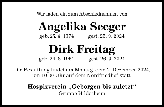 Traueranzeige von Angelika Seeger von Hildesheimer Allgemeine Zeitung