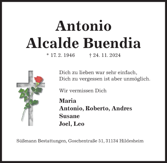 Traueranzeige von Antonio Alcalde Buendia von Hildesheimer Allgemeine Zeitung