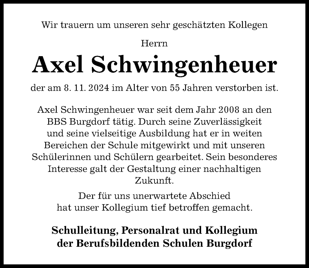  Traueranzeige für Axel Schwingenheuer vom 16.11.2024 aus Hildesheimer Allgemeine Zeitung