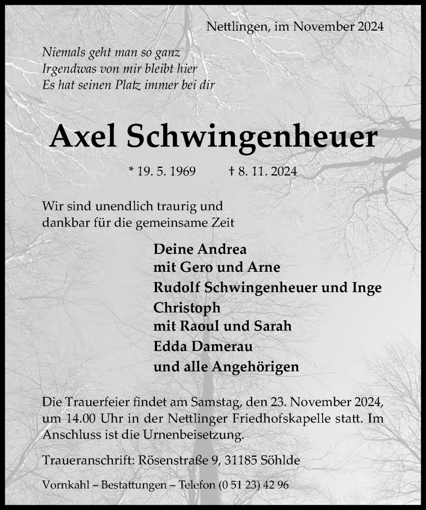  Traueranzeige für Axel Schwingenheuer vom 13.11.2024 aus Hildesheimer Allgemeine Zeitung