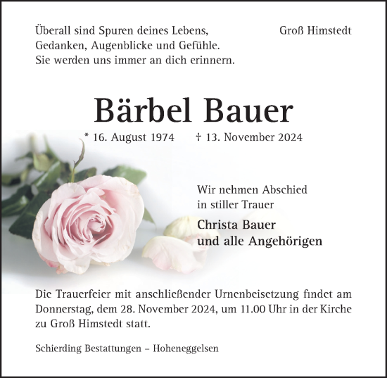 Traueranzeige von Bärbel Bauer von Hildesheimer Allgemeine Zeitung