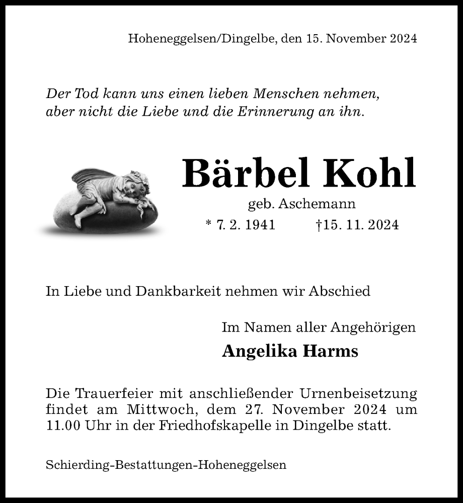  Traueranzeige für Bärbel Kohl vom 26.11.2024 aus Hildesheimer Allgemeine Zeitung