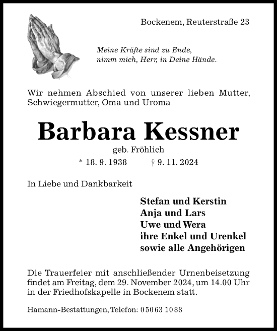 Traueranzeige von Barbara Kessner von Hildesheimer Allgemeine Zeitung