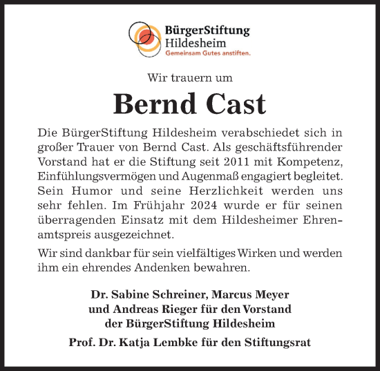 Traueranzeige von Bernd Cast von Hildesheimer Allgemeine Zeitung