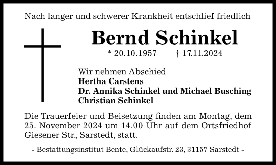 Traueranzeige von Bernd Schinkel von Hildesheimer Allgemeine Zeitung