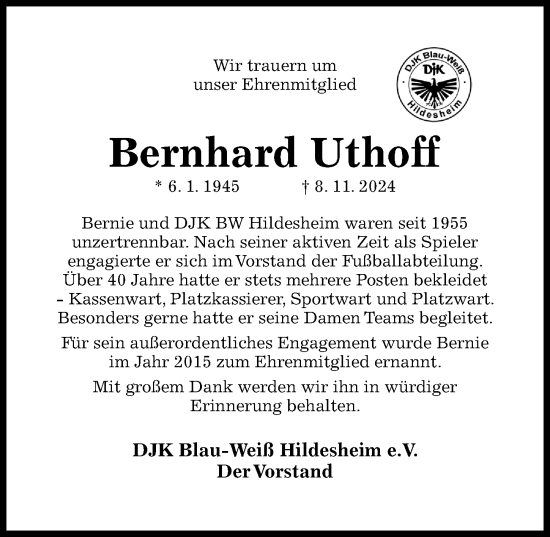 Traueranzeige von Bernhard Uthoff von Hildesheimer Allgemeine Zeitung