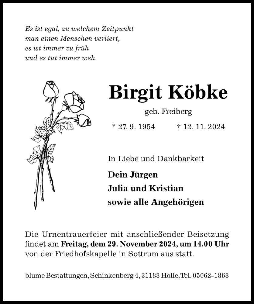  Traueranzeige für Birgit Köbke vom 16.11.2024 aus Hildesheimer Allgemeine Zeitung