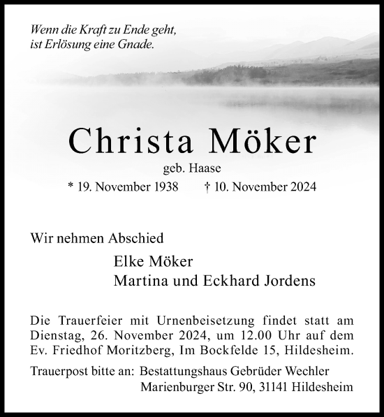 Traueranzeige von Christa Möker von Hildesheimer Allgemeine Zeitung