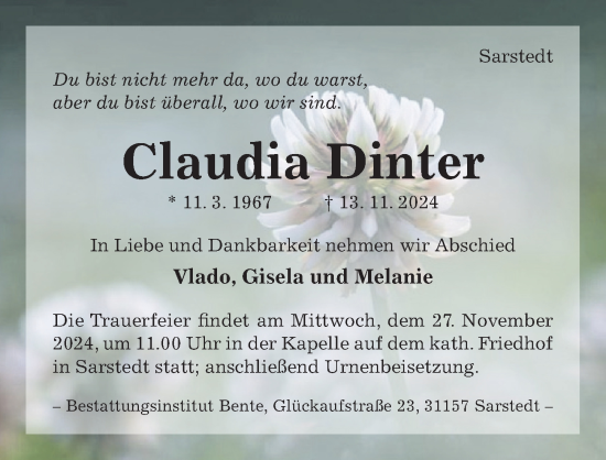 Traueranzeige von Claudia Dinter von Hildesheimer Allgemeine Zeitung