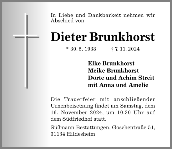 Traueranzeige von Dieter Brunkhorst von Hildesheimer Allgemeine Zeitung