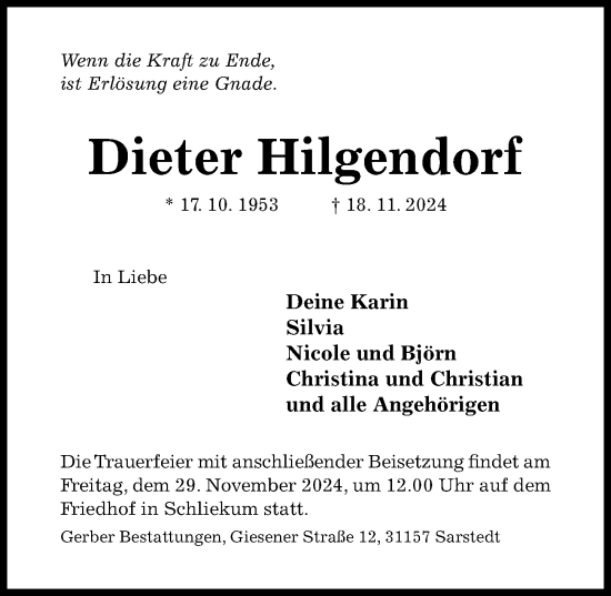 Traueranzeige von Dieter Hilgendorf von Hildesheimer Allgemeine Zeitung