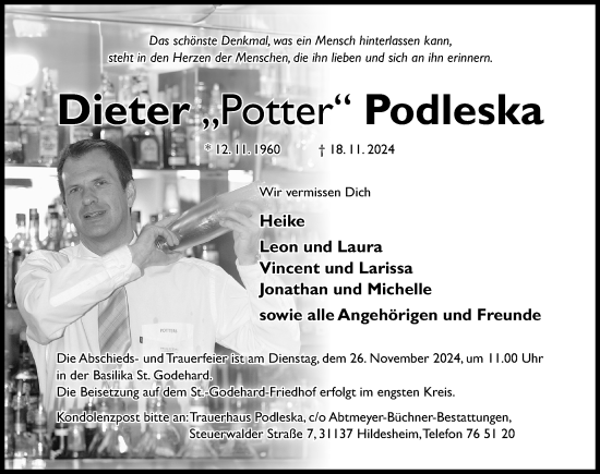 Traueranzeige von Dieter Podleska von Hildesheimer Allgemeine Zeitung