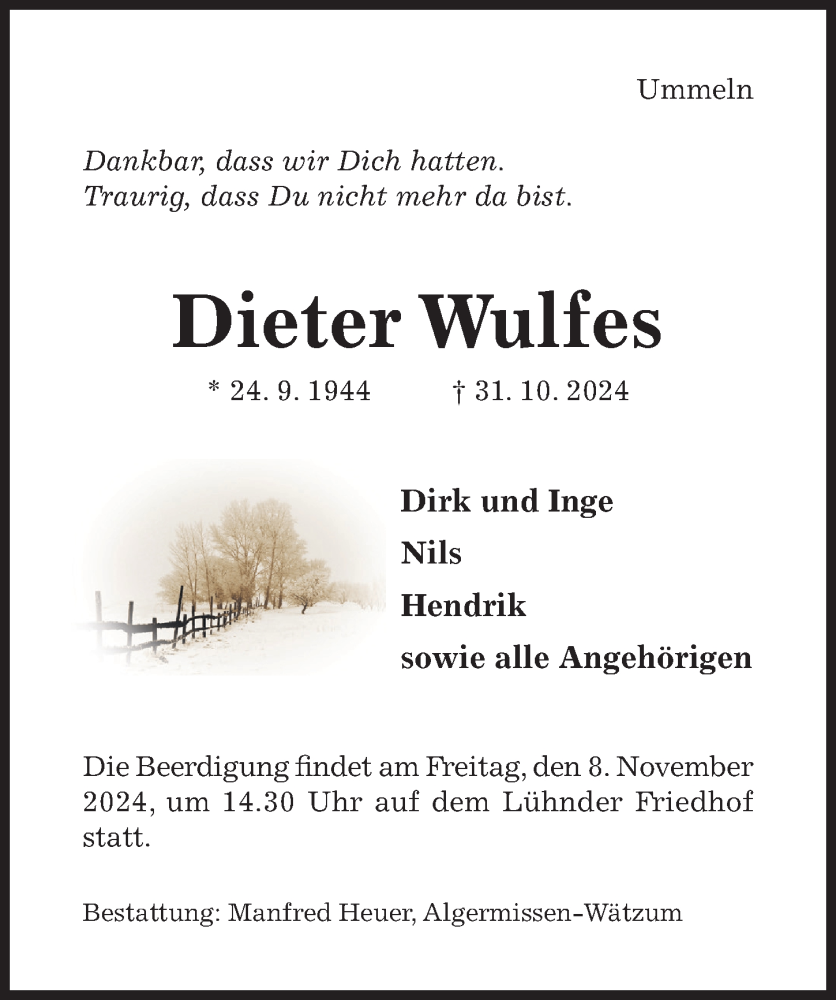  Traueranzeige für Dieter Wulfes vom 06.11.2024 aus Hildesheimer Allgemeine Zeitung