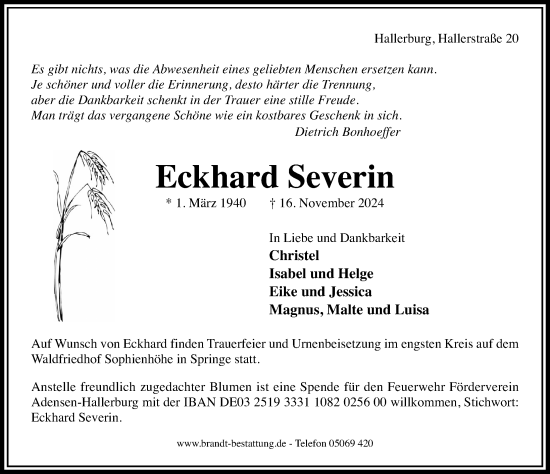 Traueranzeige von Eckhard Severin von Hildesheimer Allgemeine Zeitung