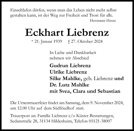 Traueranzeige von Eckhart Liebrenz von Hildesheimer Allgemeine Zeitung