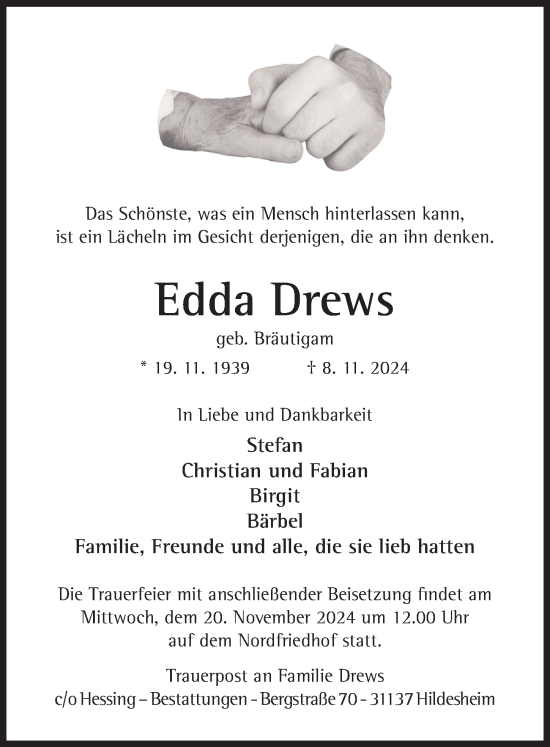 Traueranzeige von Edda Drews von Hildesheimer Allgemeine Zeitung