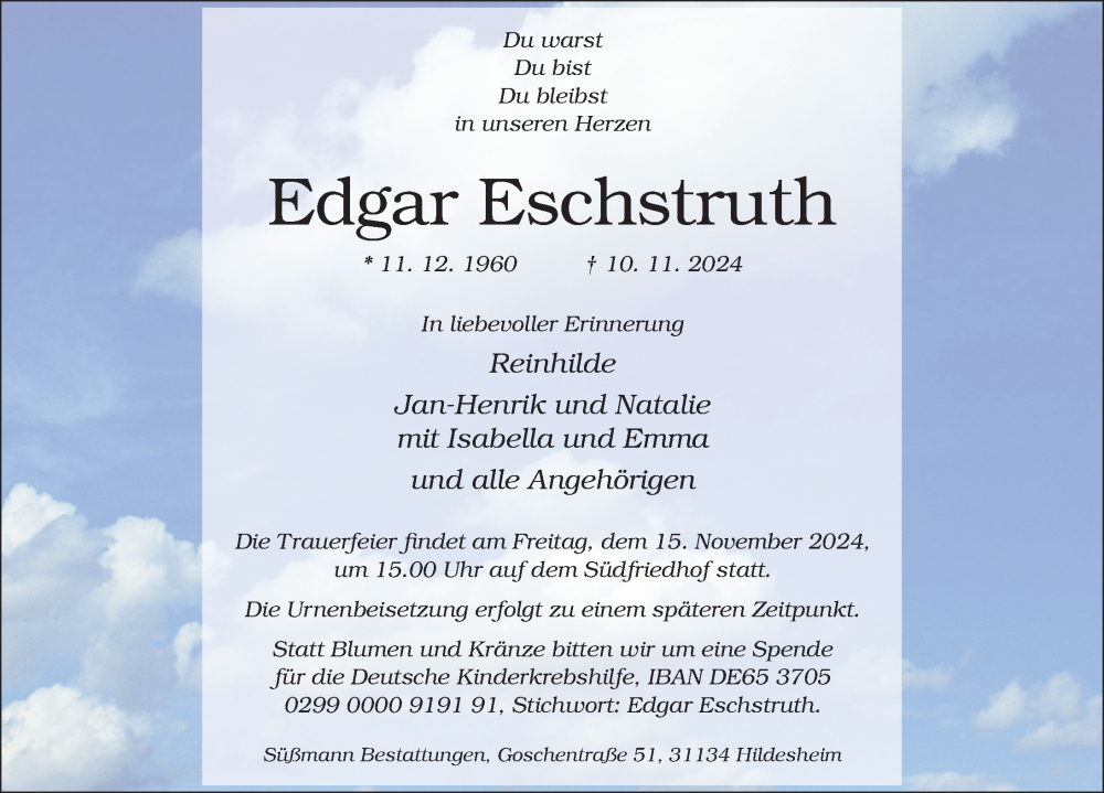  Traueranzeige für Edgar Eschstruth vom 13.11.2024 aus Hildesheimer Allgemeine Zeitung