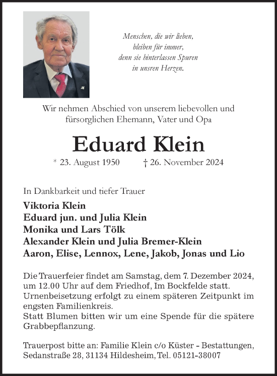 Traueranzeige von Eduard Klein von Hildesheimer Allgemeine Zeitung