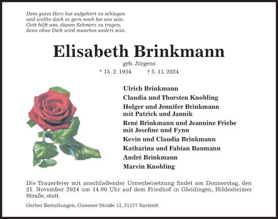 Traueranzeige von Elisabeth Brinkmann von Hildesheimer Allgemeine Zeitung