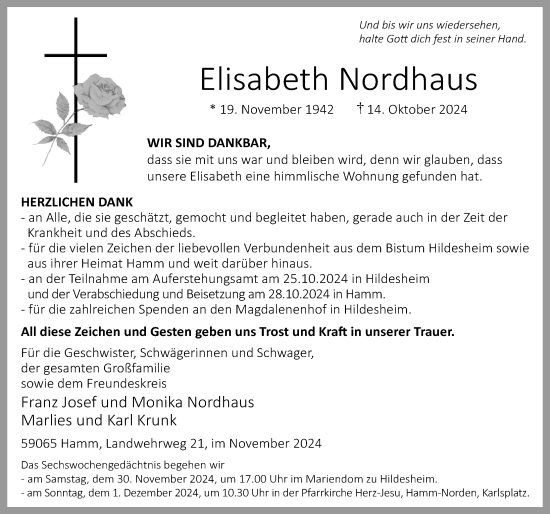 Traueranzeige von Elisabeth Nordhaus von Hildesheimer Allgemeine Zeitung