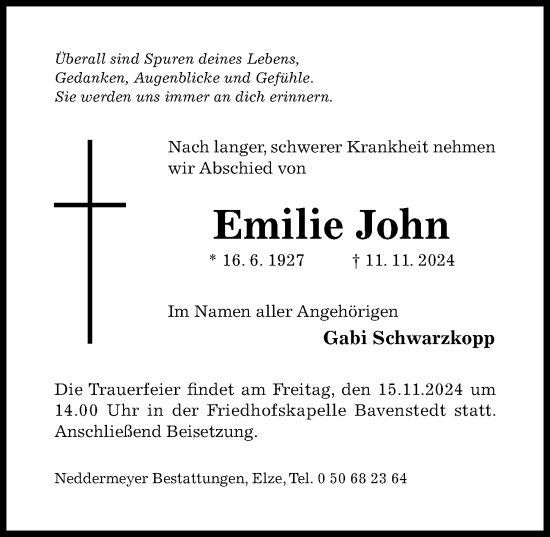 Traueranzeige von Emilie John von Hildesheimer Allgemeine Zeitung