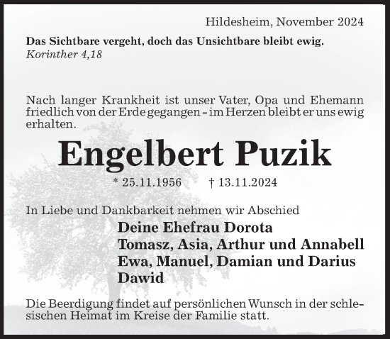 Traueranzeige von Engelbert Puzik von Hildesheimer Allgemeine Zeitung