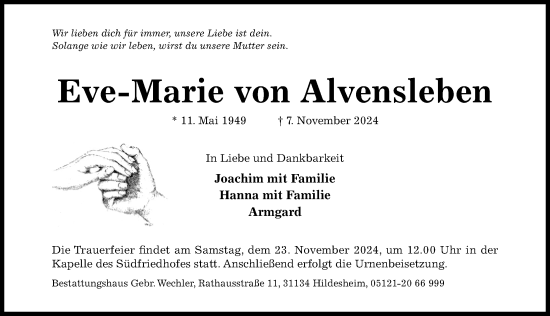 Traueranzeige von Eve-Marie von Alvensleben von Hildesheimer Allgemeine Zeitung