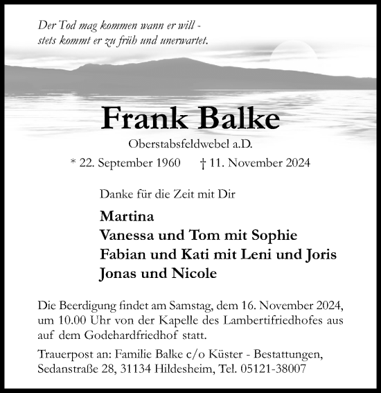 Traueranzeige von Frank Balke von Hildesheimer Allgemeine Zeitung