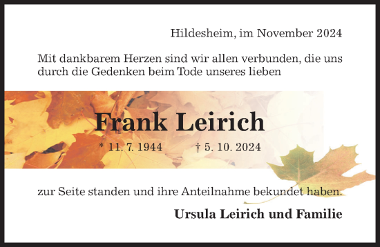 Traueranzeige von Frank Leirich von Hildesheimer Allgemeine Zeitung