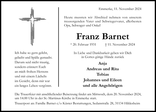 Traueranzeige von Franz Barnet von Hildesheimer Allgemeine Zeitung