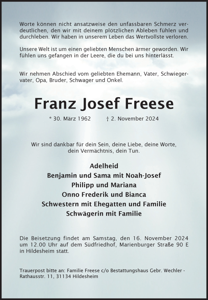  Traueranzeige für Franz Josef Freese vom 13.11.2024 aus Hildesheimer Allgemeine Zeitung