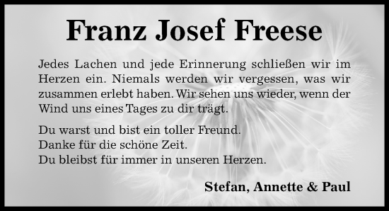 Traueranzeige von Franz Josef Freese von Hildesheimer Allgemeine Zeitung