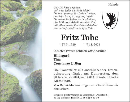 Traueranzeige von Fritz Tobe von Hildesheimer Allgemeine Zeitung