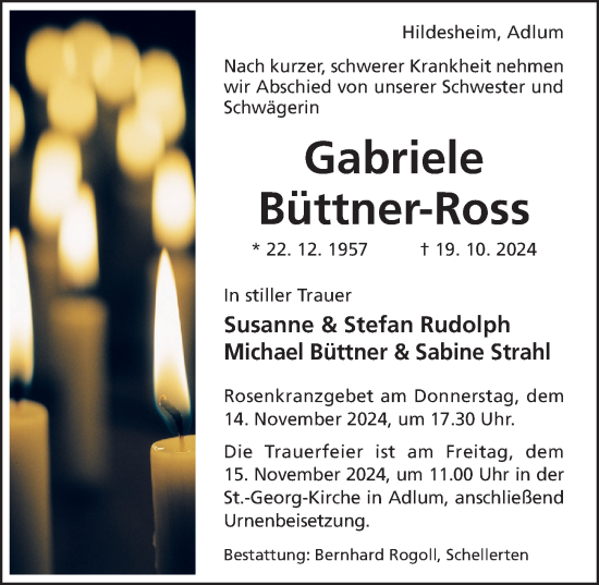 Traueranzeige von Gabriele Büttner-Ross von Hildesheimer Allgemeine Zeitung