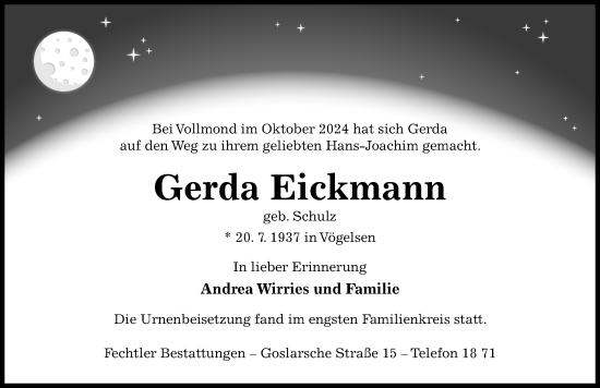 Traueranzeige von Gerda Eickmann von Hildesheimer Allgemeine Zeitung