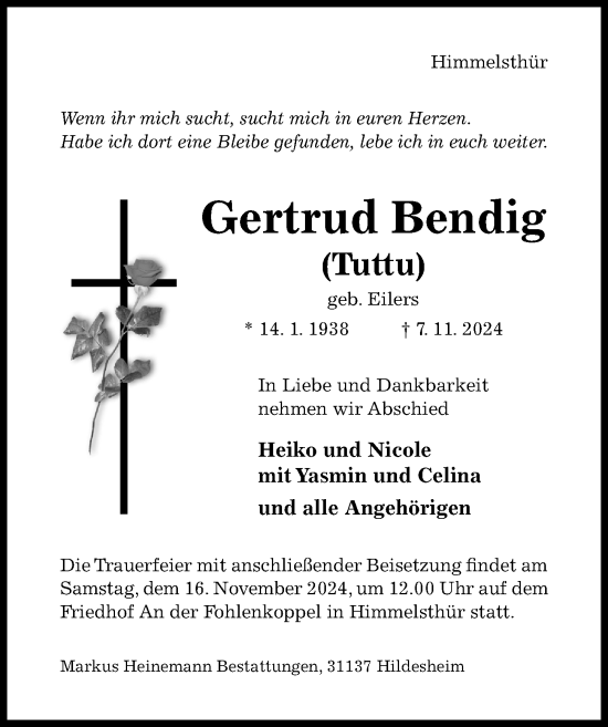 Traueranzeige von Gertrud Bendig von Hildesheimer Allgemeine Zeitung