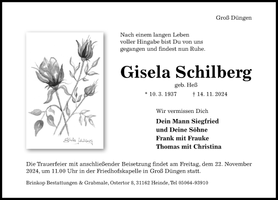 Traueranzeige von Gisela Schilberg von Hildesheimer Allgemeine Zeitung