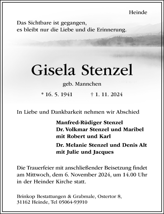 Traueranzeige von Gisela Stenzel von Hildesheimer Allgemeine Zeitung