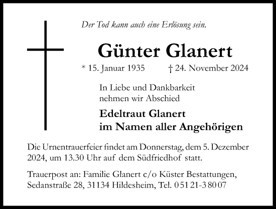 Traueranzeige von Günter Glanert von Hildesheimer Allgemeine Zeitung