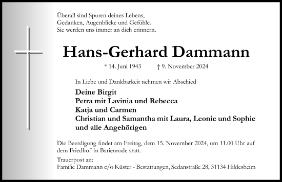 Traueranzeige von Hans-Gerhard Dammann von Hildesheimer Allgemeine Zeitung