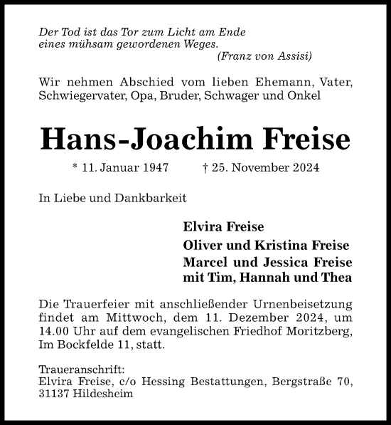 Traueranzeige von Hans-Joachim Freise von Hildesheimer Allgemeine Zeitung