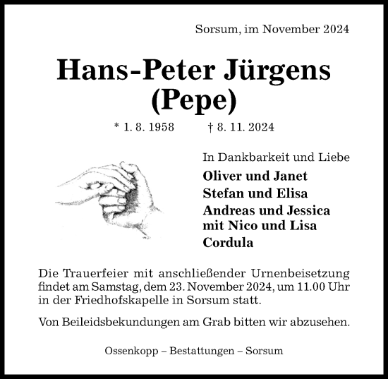 Traueranzeige von Hans-Peter Jürgens von Hildesheimer Allgemeine Zeitung