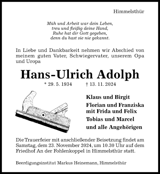 Traueranzeige von Hans-Ulrich Adolph von Hildesheimer Allgemeine Zeitung