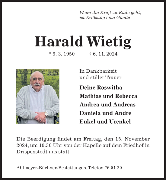 Traueranzeige von Harald Wietig von Hildesheimer Allgemeine Zeitung