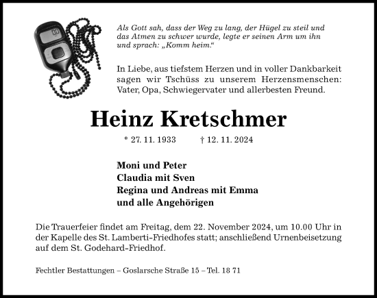 Traueranzeige von Heinz Kretschmer von Hildesheimer Allgemeine Zeitung